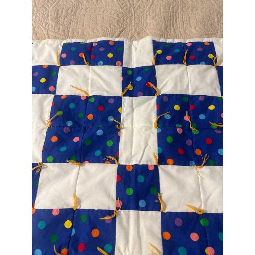 Handmade Patchwork Baby Quilt Blue Polka Dot Hand Tied Nursery Blanket 26x34